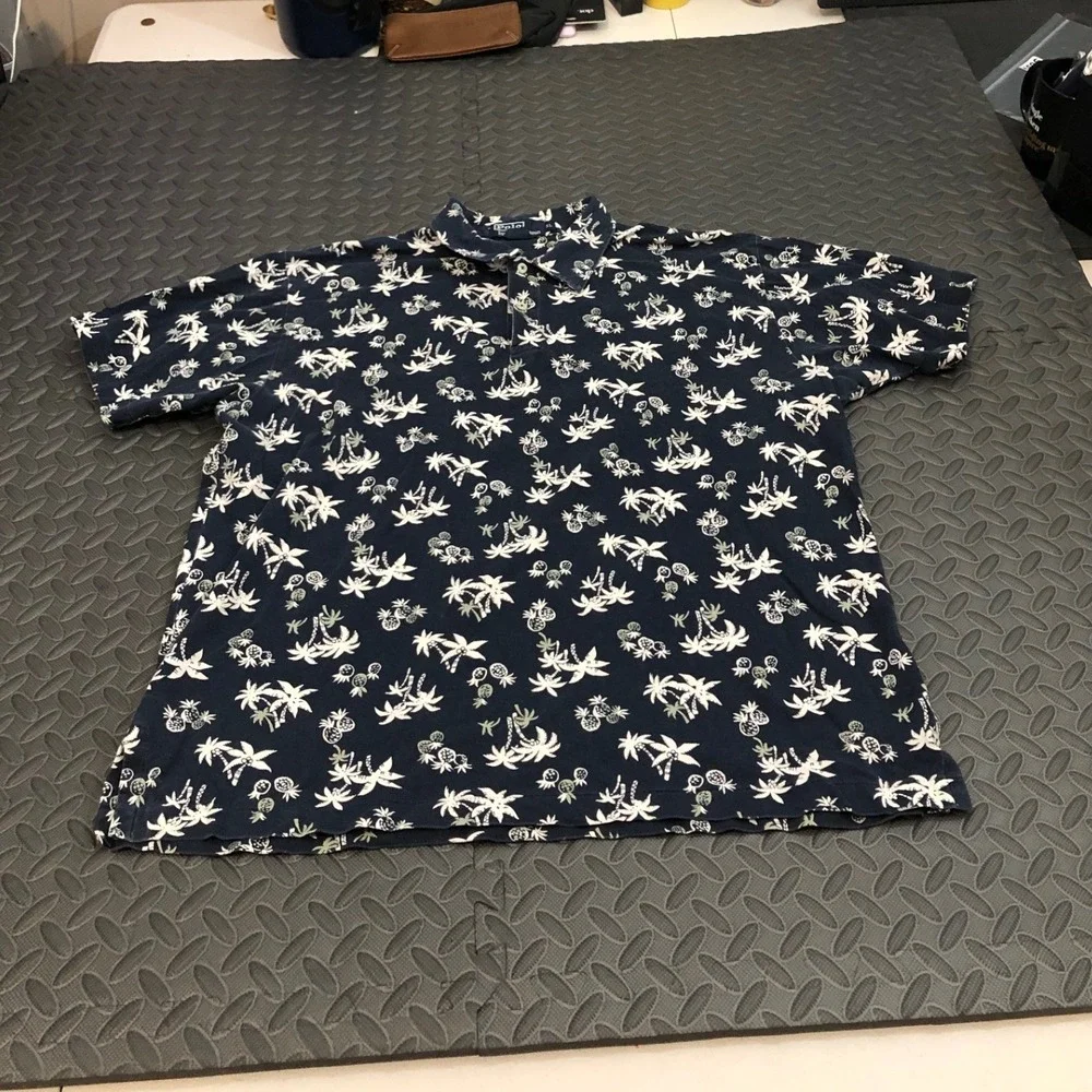 Polo Ralph Lauren Polo Shirt Mens XL Navy Blue Palm Tree Pineapple Print Cotton